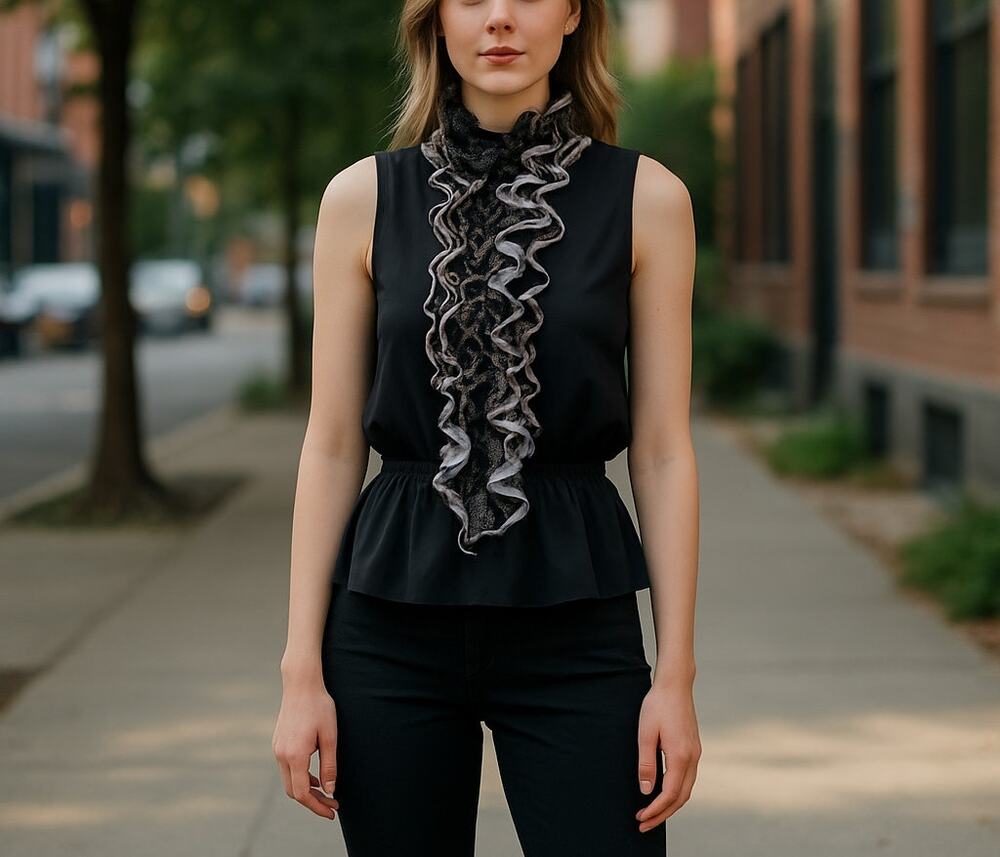 Robert Rodriguez blouse black chiffon lace overlay high ruffle collar peplum XS
